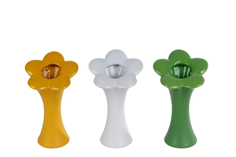 Vaas "Bloem" M groen/geel/wit 3 assortie aardewerk 9,5x9,5x20cm