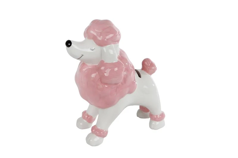 Spaarpot "Poedel" zacht roze aardewerk 16,5x9x18cm