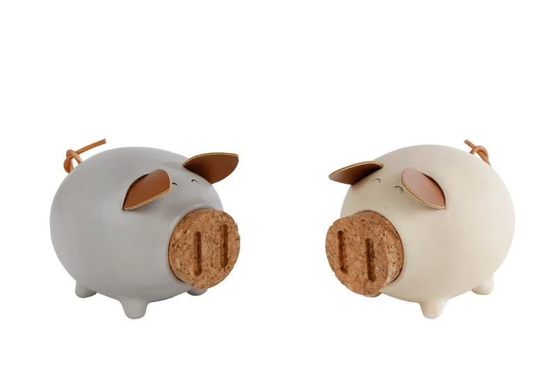 Spaarpot "Pig" crème/beige 2 assortie aardewerk 12x9,5x9cm