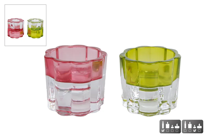 Theelichth/kandelaar "Bloem" groen/roze 2 assortie glas 5,5x5,5x5cm