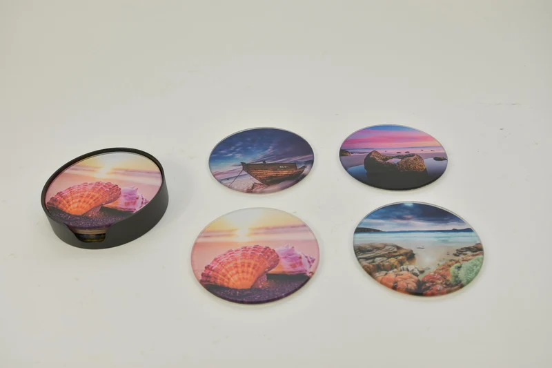 Set/4 glazen onderzetters Ø10cm Strand