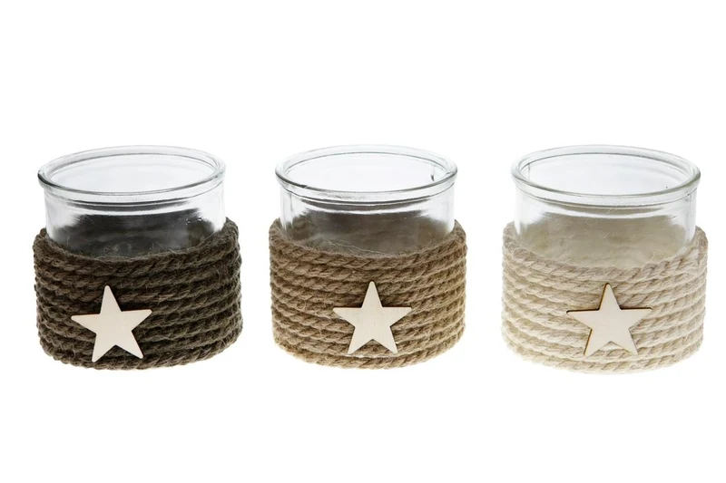 Tealight holder glass with rope Ø12x10cm 3 Mixed