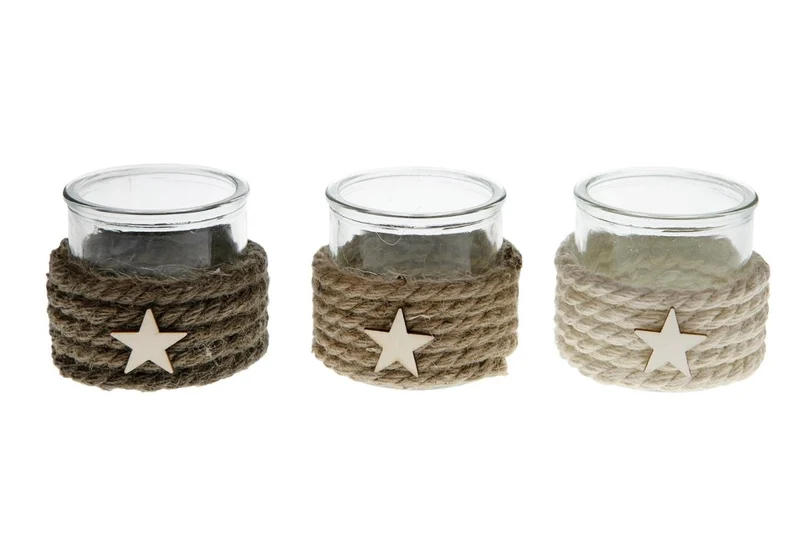 Tealight holder glass with rope Ø10x8cm 3 Mixed