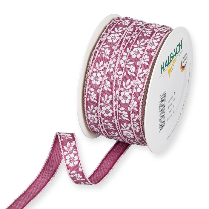 Rol Printlint "Bloemenpatroon" 15mm 25mtr berry/white