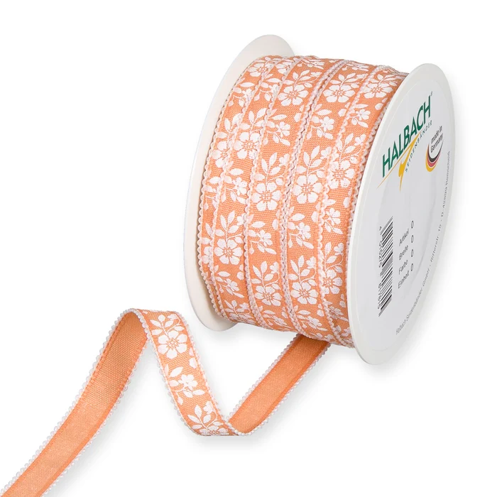 Rol Printlint "Bloemenpatroon" 15mm 25mtr lush apricot/white