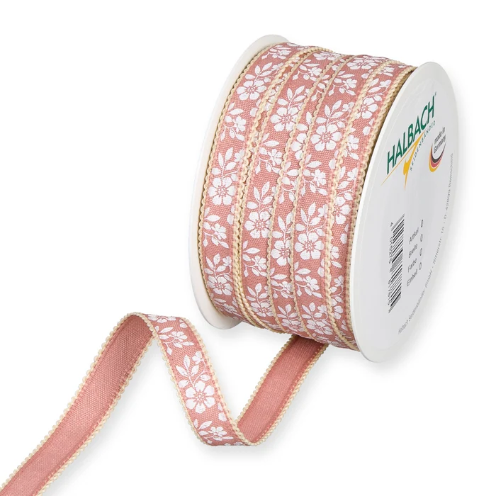 Rol Printlint "Bloemenpatroon" 15mm 25mtr blush rose/white