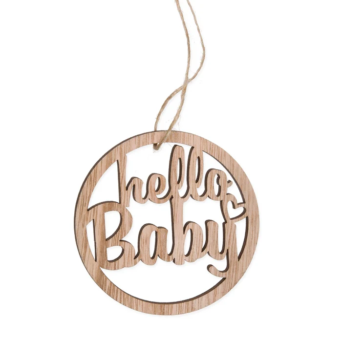 Zakje á 8 Houten hanger ''hello baby'' naturel 9cm