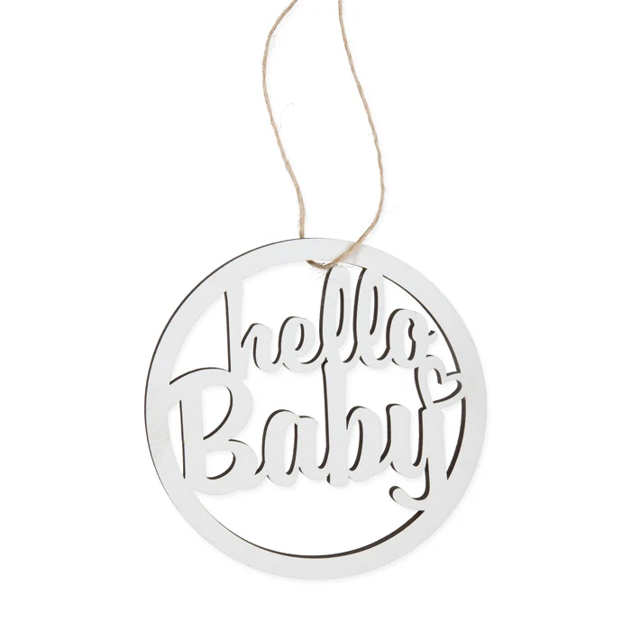 Zakje á 8 Houten hanger ''hello baby'' wit 9cm
