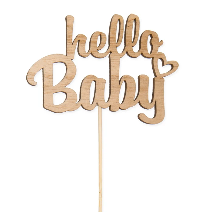 Pak á 8 Houten steker ''hello baby'' naturel 9cm