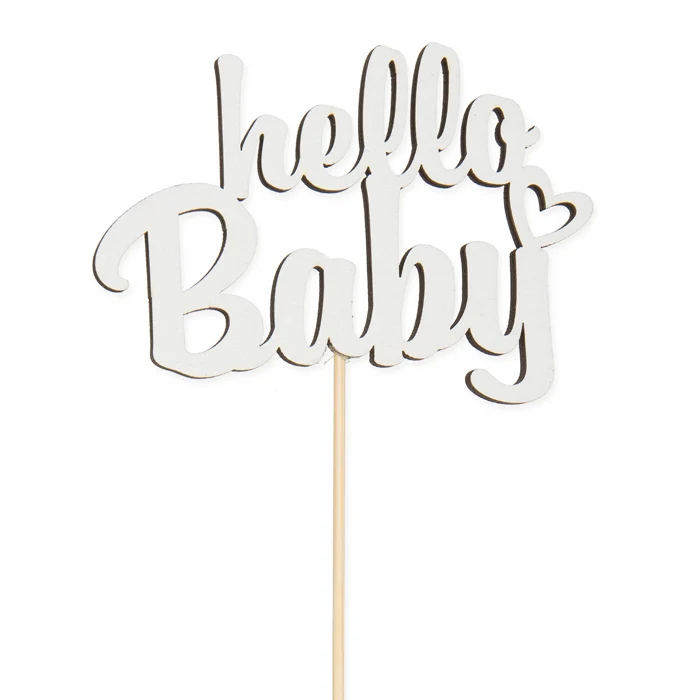 Pak á 8 Houten steker ''hello baby'' wit 9cm