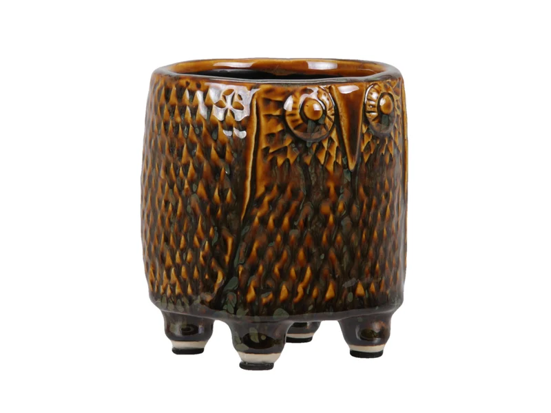 pc. 1 stoneware owl pot brown Ø 9x10 cm