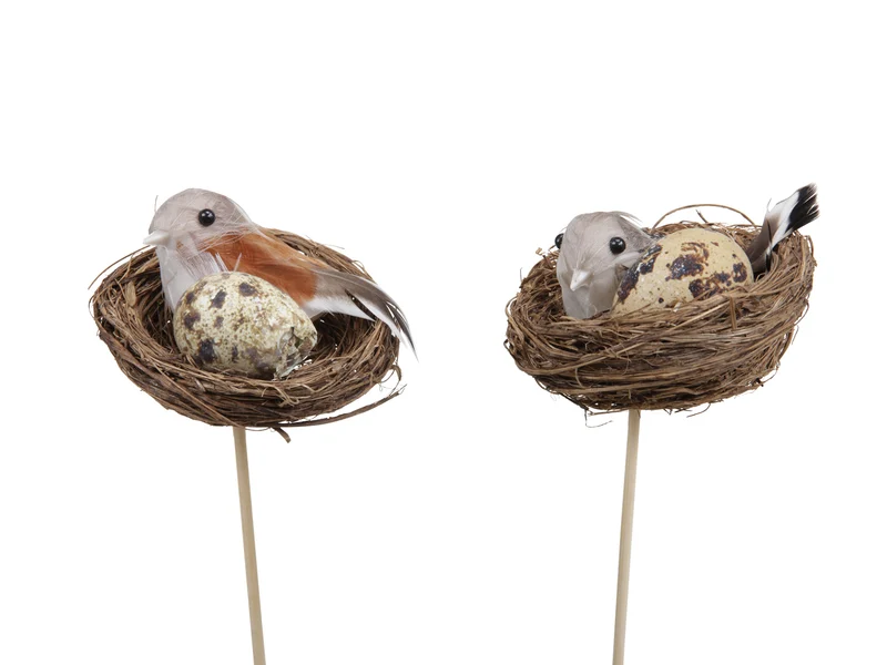 Doos á 6 nestjes met vogel en ei op stok natural Ø 7cm
