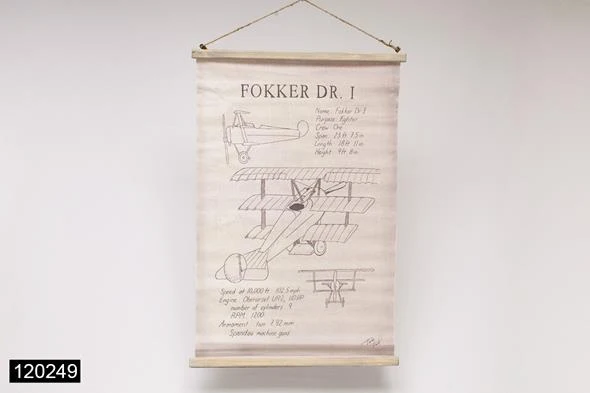 Wandkaart/perkament "fokker vliegtuig"linnen ecru, 80x52cm