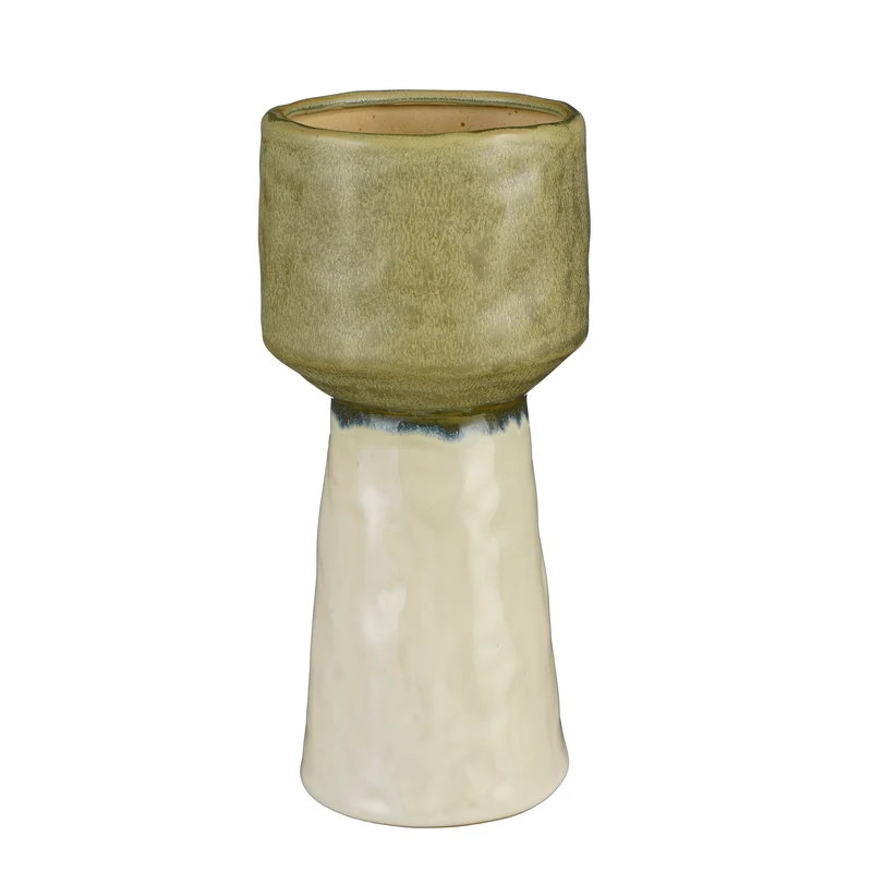 Vaas aardewerk ecru groen - h24,5xd11,5cm