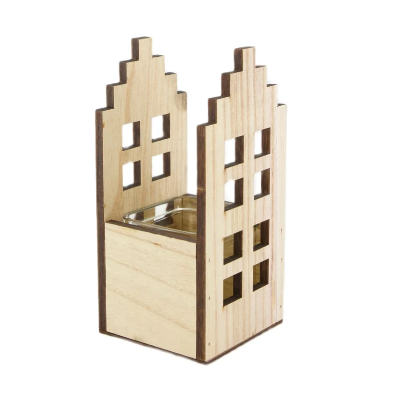 Tealight holder house wood with glass 9.5x9.5x18cm Natural