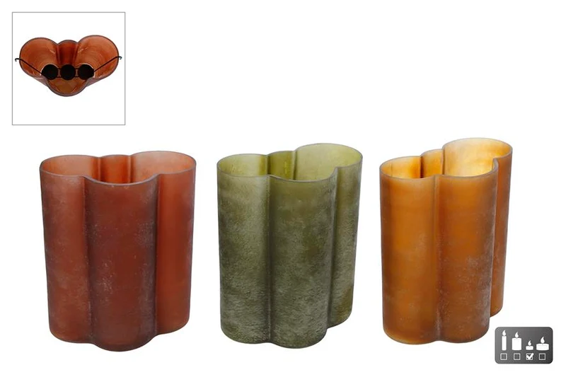 Windlicht "Jos" XXL d.groen/bruin 3 assortie glas 16,5x10x20,5cm