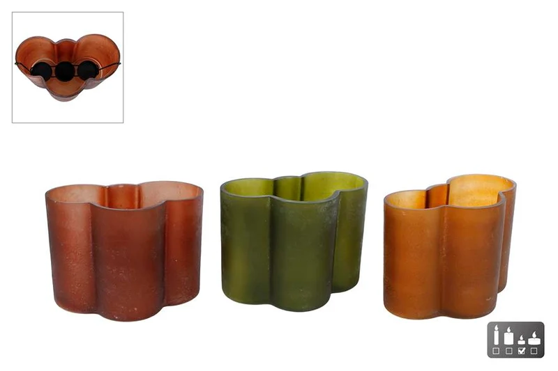 Windlicht "Jos" XL d.groen/bruin 3 assortie glas 16,5x9x12,5cm
