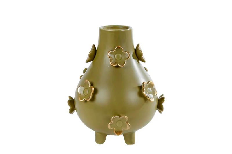 Vaas "Fleur" M groen/goud aardewerk 15,5x15x19cm