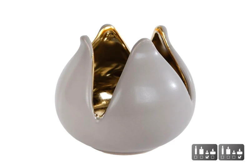 Theelichthouder "Wim" S taupe/goud aardewerk 10x10x7cm