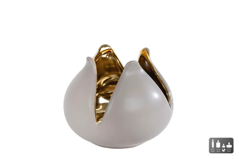 Theelichthouder "Wim" L taupe/goud aardewerk 11x11x8cm