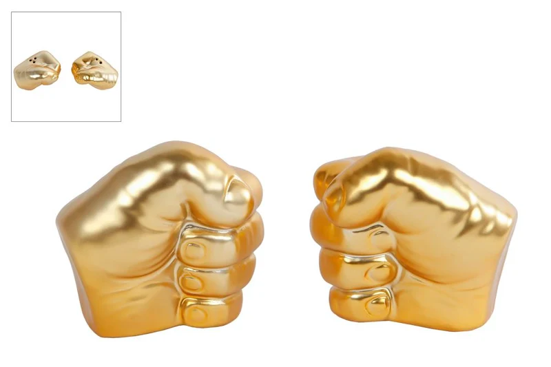 Sculptuur/peper & zout "Hand" goud 2 assortie aardewerk 6,5x5x6cm