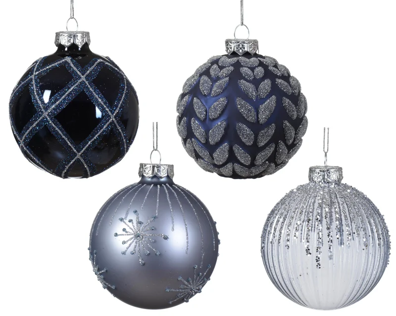 Kerstbal glas 4 assortie blauw/kleur(en) D.8cm