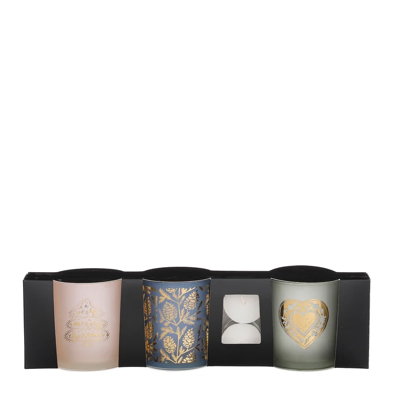 Theelicht houder off white blauw groen set van 3 incl. theelicht - h8xd7cm