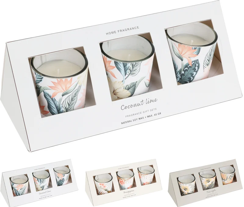 SET/3 KAARS IN GLAS MET PRINT BLOEMEN D5 H6CM 3 ASSORTIE