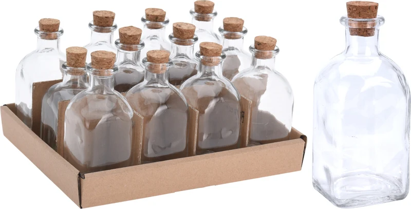 Pak á 12 fles glas vierkant 100ML met kurk 5x5x11cm