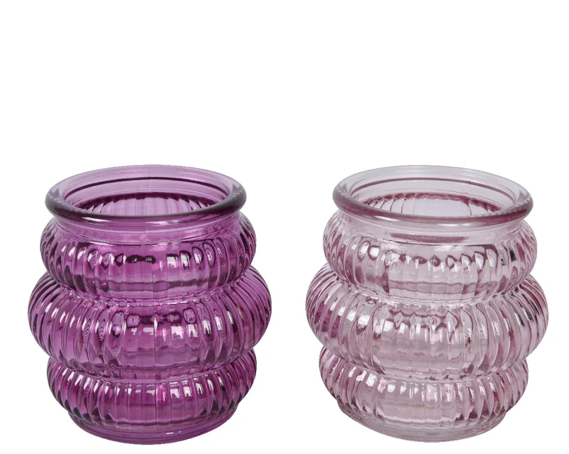 Theelichthouder glas ''Bolo'' 2 kleuren assorti H.7.6cm D.8c