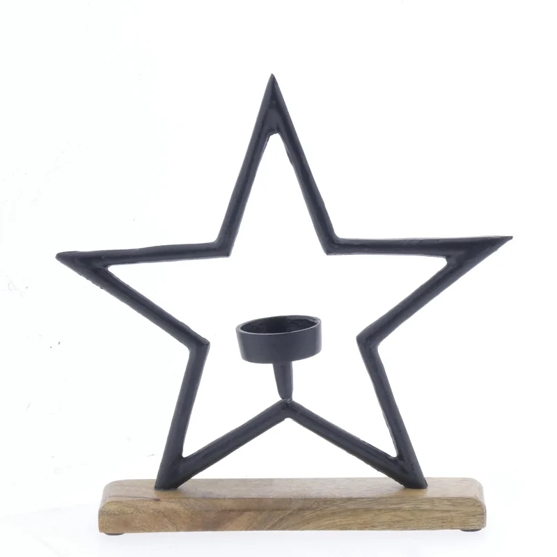 Aluminium Tealight Star Black on Mangowood Base 19x17cm