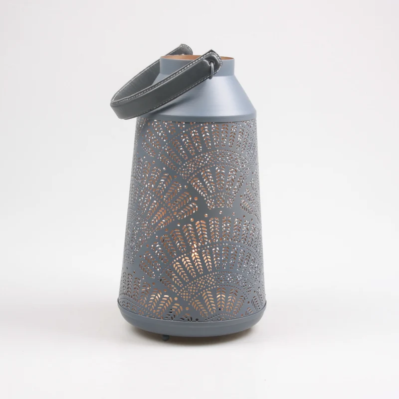 DRAADLANTAARN M/LEDEREN HENGSEL XL GRIJS/GOUD 18X18X35 CM