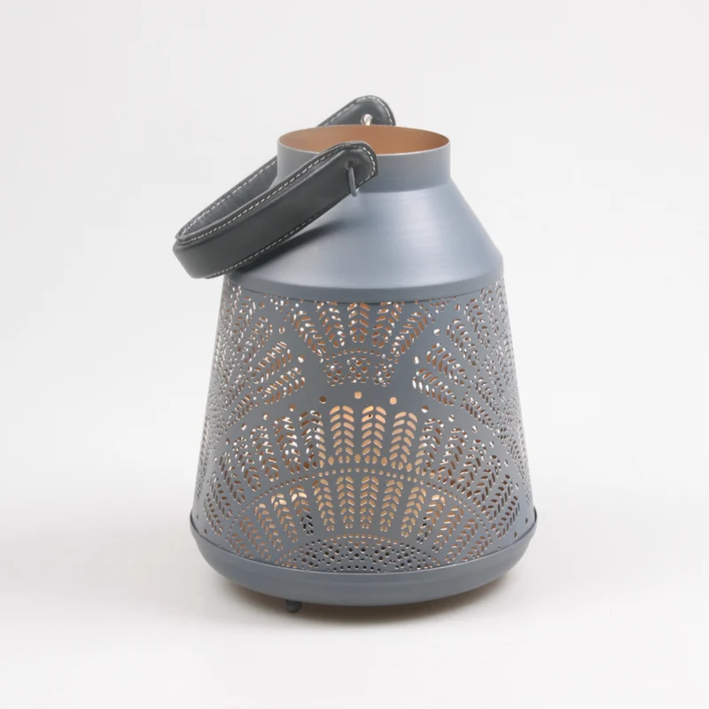 DRAADLANTAARN M/LEDEREN HENGSEL M GRIJS/GOUD 18X18X25 CM