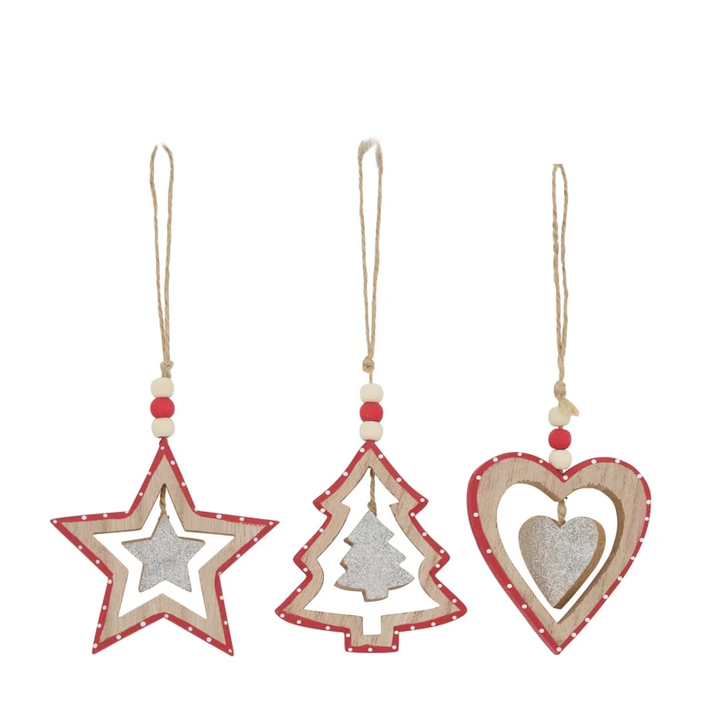 Hanger tree, heart, star mdf 9x8.5x1cm 3 mix Red FSC 100%