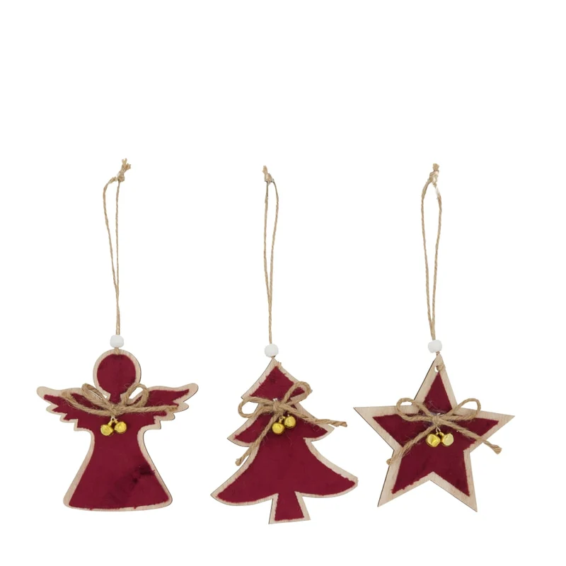 Hanger tree, angel, star ply wood 11x0.3x12cm 3 Mix Red