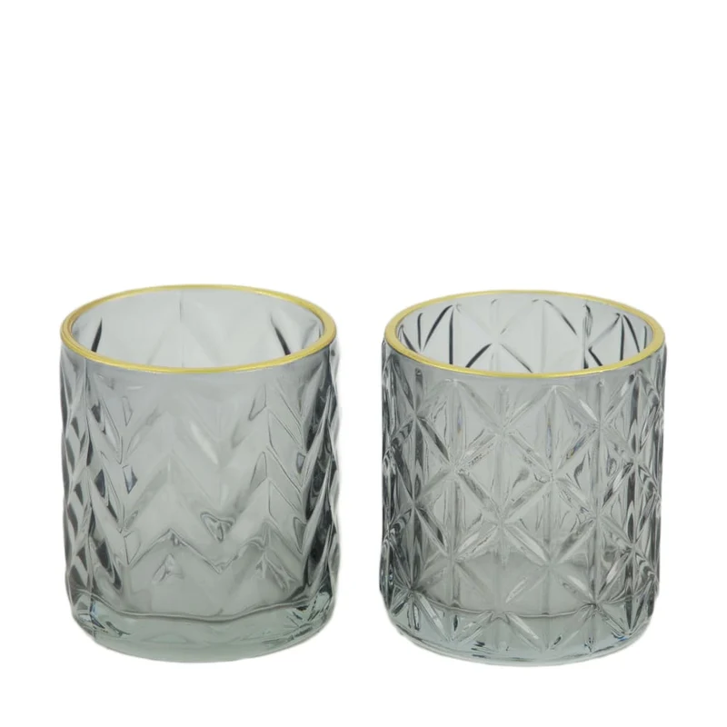 Tealight holder glass 7.3x7.3x8cm 2 Grey mix