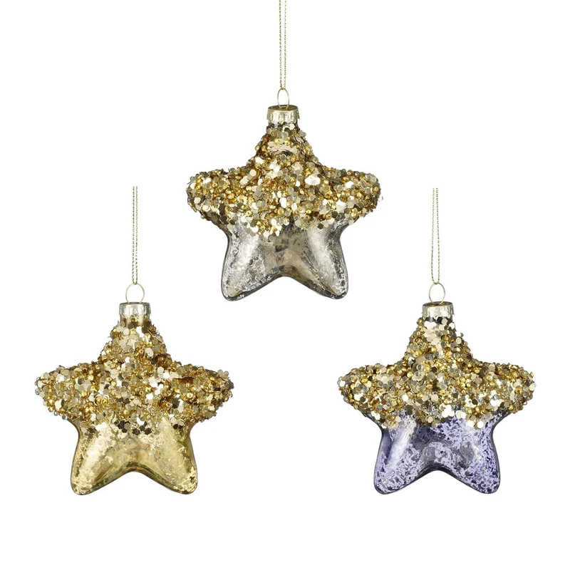 Ornament ster glas zilver blauw goud 3 assorti - h3xd8cm