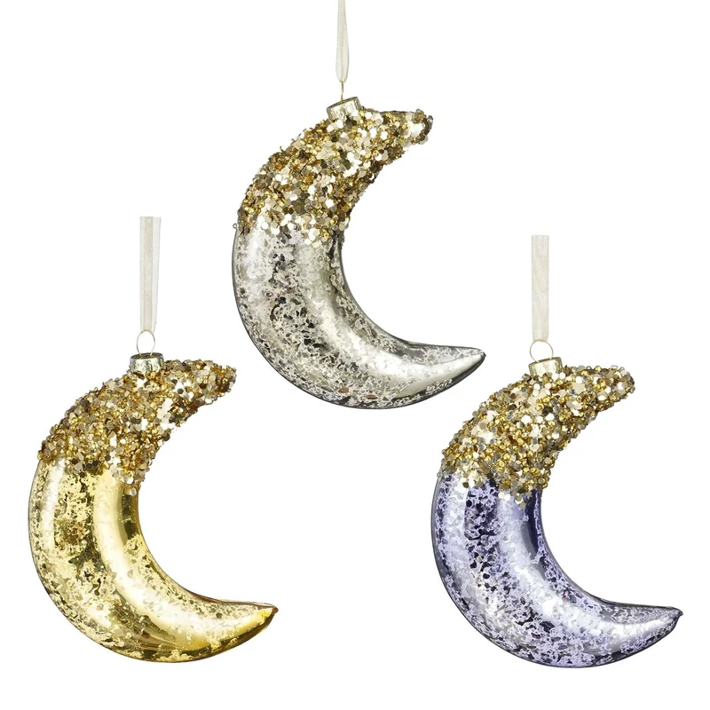 Ornament maan glas zilver blauw goud 3 assorti - l9,5xb3xh12cm