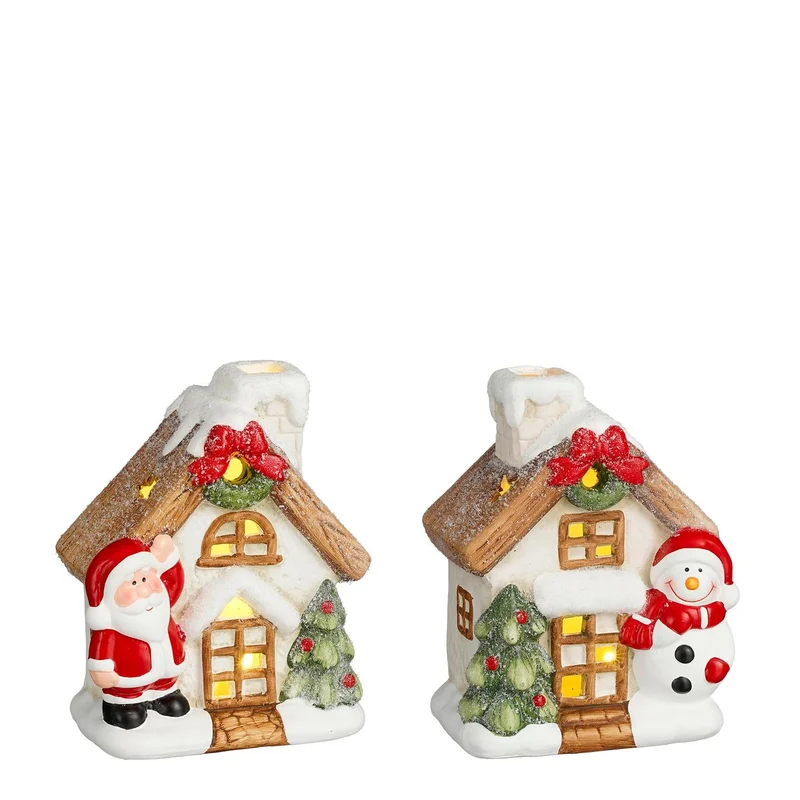 Decoratie huis kerstman sneeuwman l.bruin 2 assorti led battery operated - l13xb8xh15,5cm
