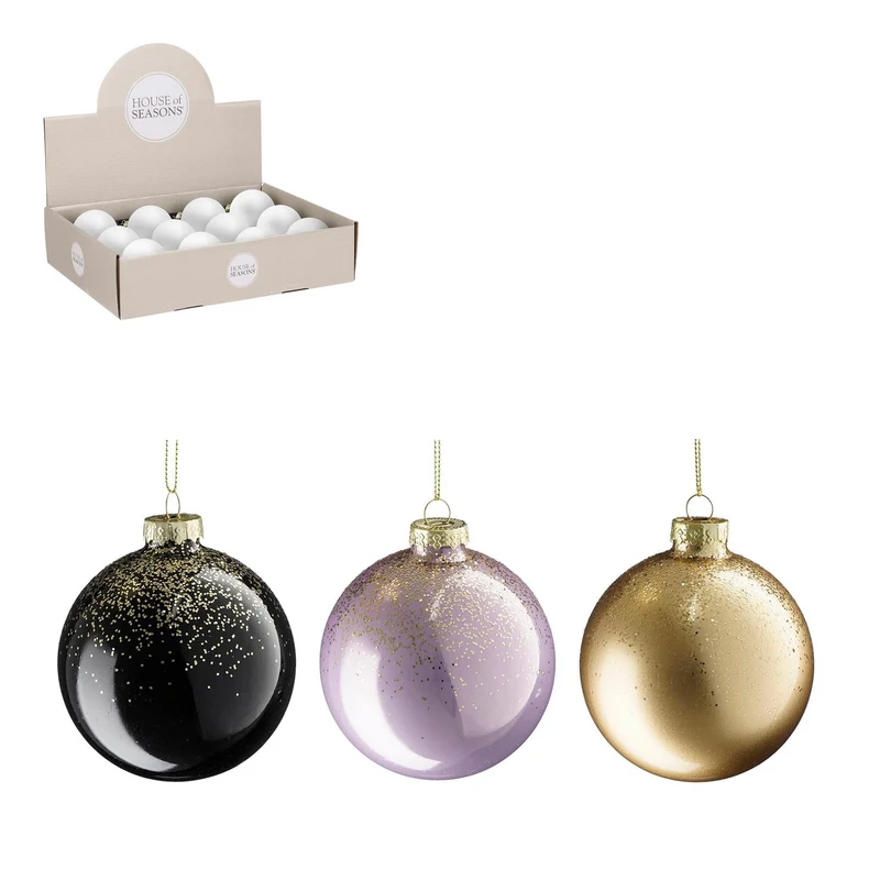 Bal glas zwart l.paars goud 3 assorti display - d8cm