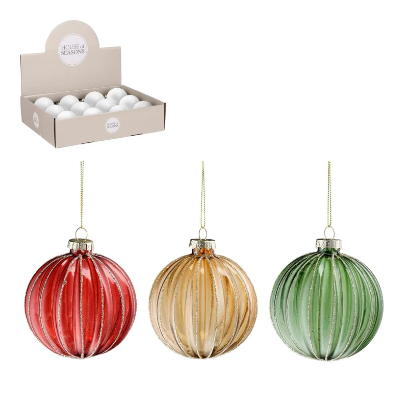 Bal glas streep groen rood goud 3 assorti display - d8cm