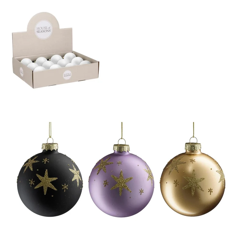 Bal glas ster zwart l.paars goud 3 assorti display - d8cm