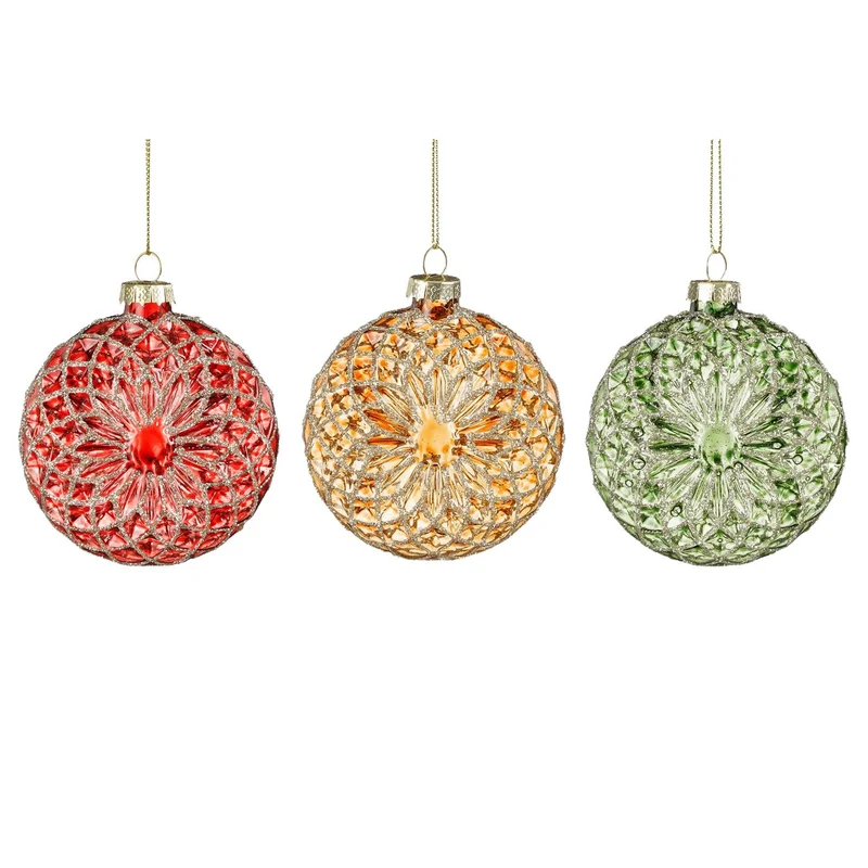 Bal glas bloem rood groen goud 3 assorti display - h3xd8cm