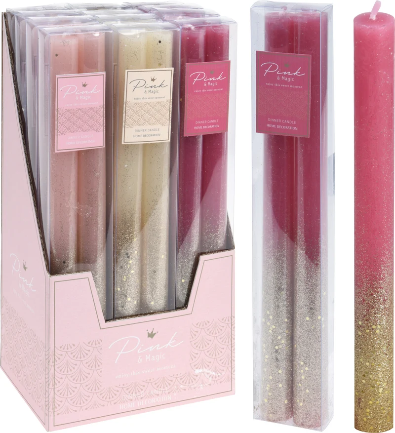 SET VAN 2 DINERKAARS D2,5 H25CM ''PINK'' GLITTER 3 KLEUREN ASSORTIE