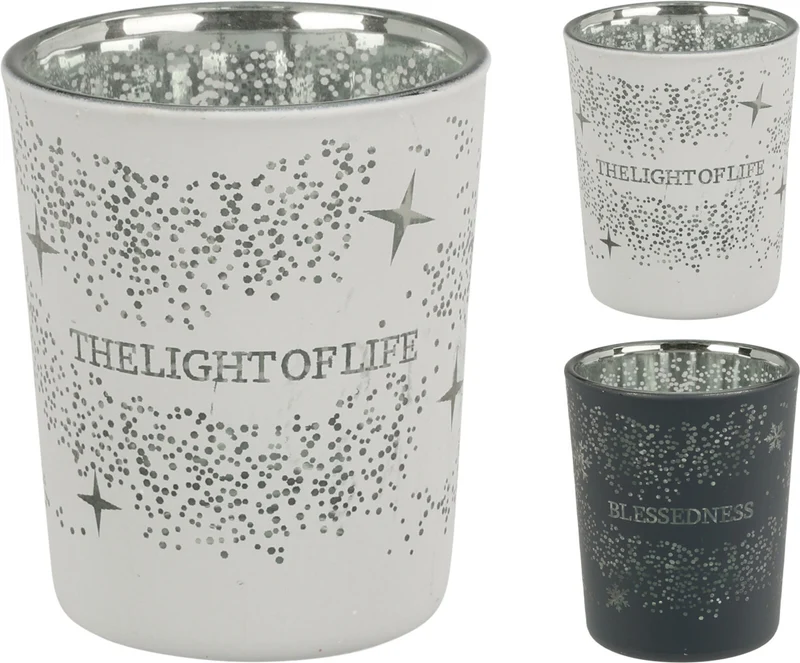 THEELICHTHOUDER D5,5 H6,5 CM 2 ASSORTIE TEKST