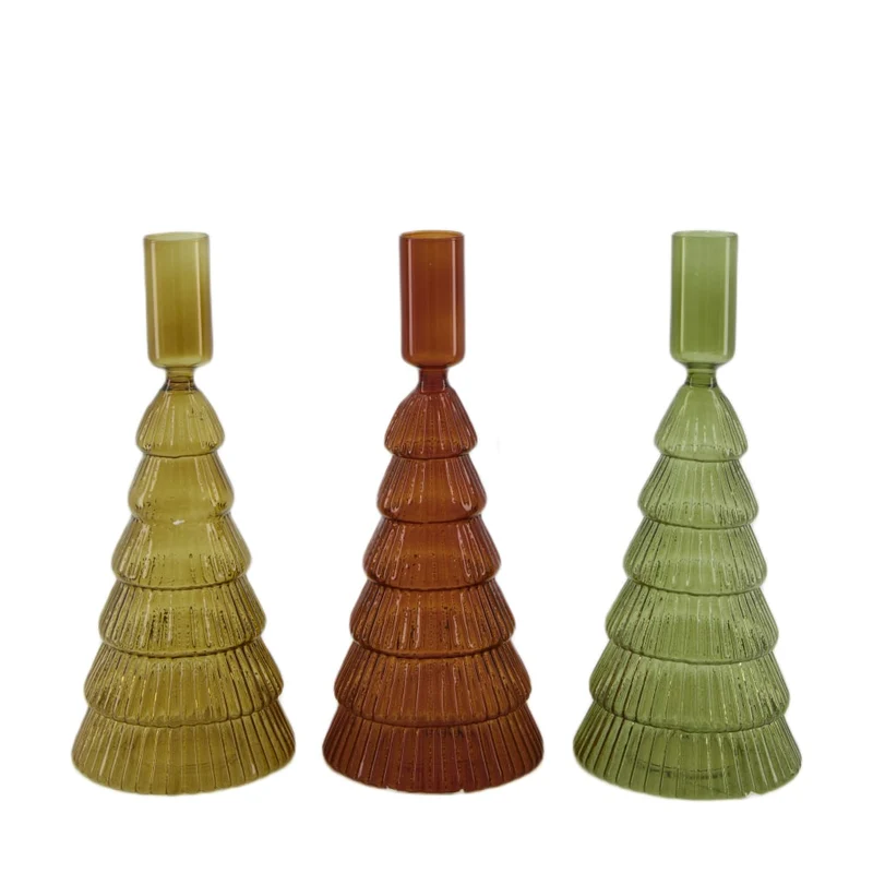 Dinnercandle holder tree glass 8.5x8.5x21.5cm 3 Green mix