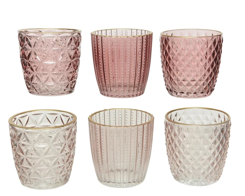 Theelichthouder glas gold edge 6 assortie pink D7,5 H7,5cm