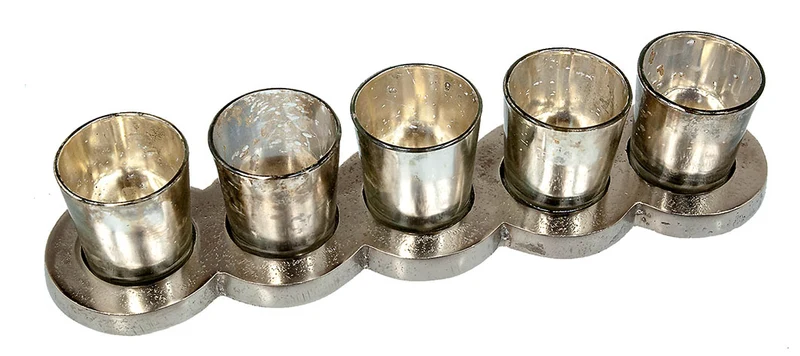 Aluminium plateau met 5 theelichthouders 34x8x7cm Zilver