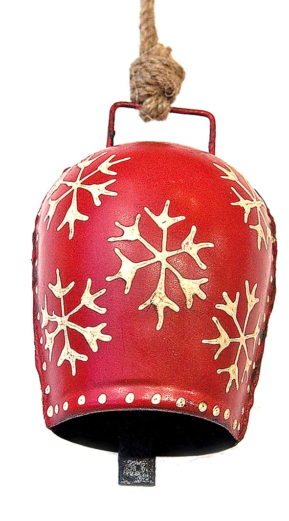 3 stuks Metalen bel ''Sneeuwvlok'' 13cm rood/wit