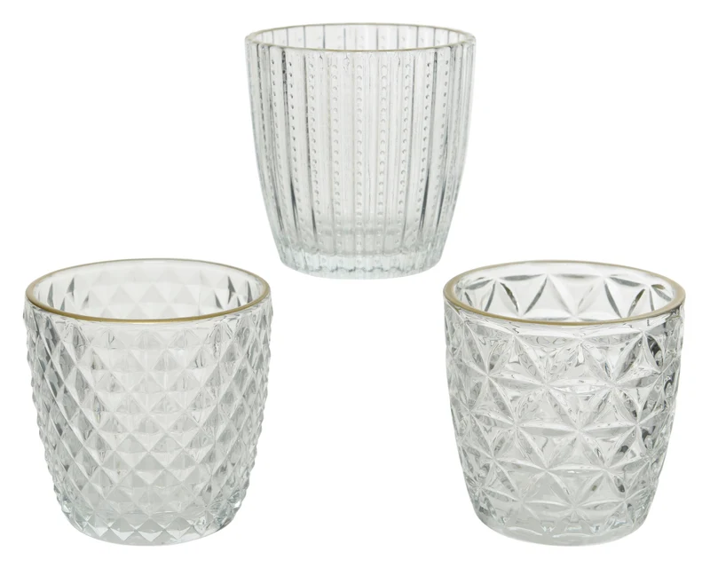 Theelichthouder glas gold edge 3 assorti helder D7,5H7,5cm